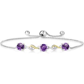 Gem Stone King 925 Sterling Silver and 10K Yellow Gold Purple Amethyst and White Lab Grown Diamond Tennis Bracelet For Women (1.45 Cttw, Gemstone Birthstone, Fully Adjustable Up to 9 Inch)