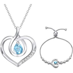 AGVANA March Birthstone Heart Necklace Bracelet for Women Sterling Silver Aquamarine Infinity Love Pendant Fine Jewelry Set Mothers Day Gifts for Mom Anniversary Birthday Gifts for Mother Her