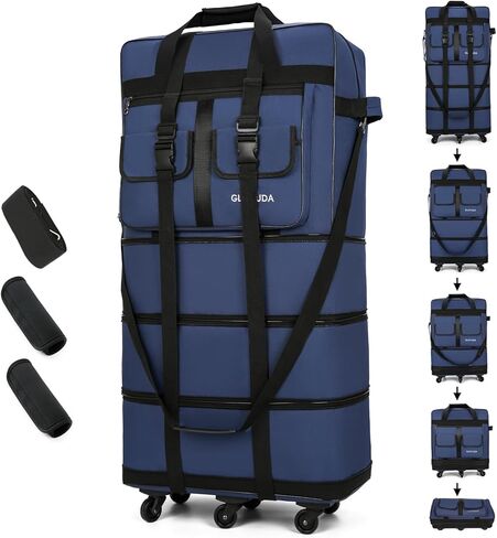 أمتعة Gloyuda قابلة للتوسيع وقابلة للطي، حقيبة مقاس 38 بوصة مع عجلات دوارة، حقيبة سفر من القماش الخشن المتدحرج، أمتعة قابلة للطي، مع غلافين لمقبض الأمتعة وحزامين للتثبيت، وحزام كتف واحد (رمادي) in Kuwait