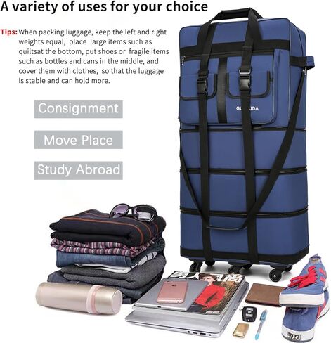 أمتعة Gloyuda قابلة للتوسيع وقابلة للطي، حقيبة مقاس 38 بوصة مع عجلات دوارة، حقيبة سفر من القماش الخشن المتدحرج، أمتعة قابلة للطي، مع غلافين لمقبض الأمتعة وحزامين للتثبيت، وحزام كتف واحد (رمادي) in Kuwait