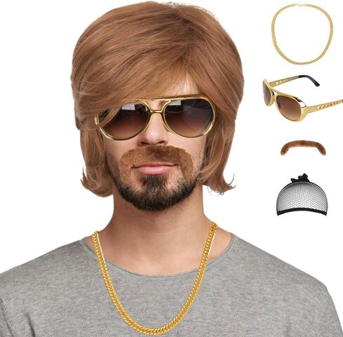 شعر مستعار Miss U Hair 70s 80s للرجال بطول الكتف شعر مستعار بني مجعد شعر مستعار للحفلات مع نظارات شارب قلادة in Kuwait
