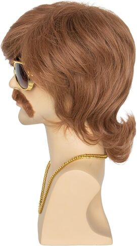 شعر مستعار Miss U Hair 70s 80s للرجال بطول الكتف شعر مستعار بني مجعد شعر مستعار للحفلات مع نظارات شارب قلادة in Kuwait