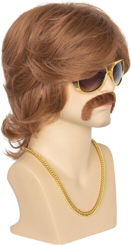 شعر مستعار Miss U Hair 70s 80s للرجال بطول الكتف شعر مستعار بني مجعد شعر مستعار للحفلات مع نظارات شارب قلادة in Kuwait