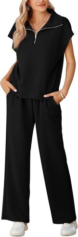 Pink Queen Womens Two Piece Outfits Sleeveless Pullover Tops and Wide Leg Pants Half Zip Jogger Lounge Sets in Saudi Arabia