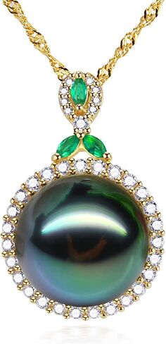 Gifts for Women- Tahitian-Black-Pearl-Necklace for Women, 12-13mm Real South Sea Pearls Pendant Sterling Silver Plated 18K Gold With Urquoise- Christmas Mothers Day Valentine's Day Jewelry in Saudi Arabia