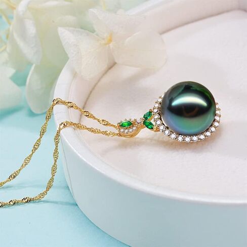 Gifts for Women- Tahitian-Black-Pearl-Necklace for Women, 12-13mm Real South Sea Pearls Pendant Sterling Silver Plated 18K Gold With Urquoise- Christmas Mothers Day Valentine's Day Jewelry in Saudi Arabia