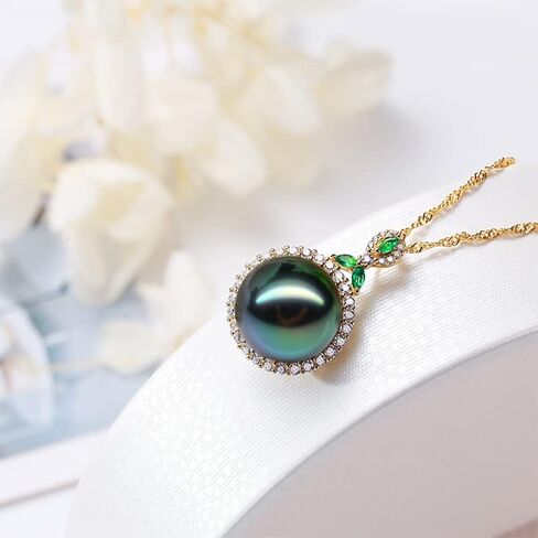 Gifts for Women- Tahitian-Black-Pearl-Necklace for Women, 12-13mm Real South Sea Pearls Pendant Sterling Silver Plated 18K Gold With Urquoise- Christmas Mothers Day Valentine's Day Jewelry in Saudi Arabia