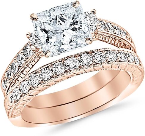 14K White Gold 2.5 Carat LAB GROWN DIAMOND Three Stone Vintage With Milgrain & Filigree Bridal Set with Wedding Band & Princess Cut Diamond Engagement Ring (I-J Color SI1-SI2 Clarity 1.5 Ct Center) in Saudi Arabia