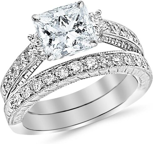 14K White Gold 2.5 Carat LAB GROWN DIAMOND Three Stone Vintage With Milgrain & Filigree Bridal Set with Wedding Band & Princess Cut Diamond Engagement Ring (I-J Color SI1-SI2 Clarity 1.5 Ct Center) in Saudi Arabia