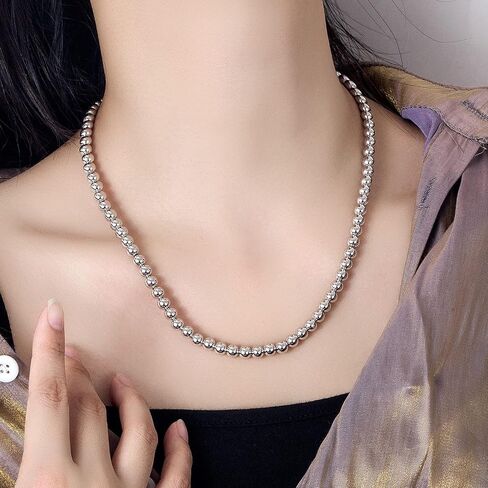 H&Beautimer الصلبة 925 الفضة الاسترليني 4MM 6MM الخرزة سلسلة قلادة - قلادة الكرة الإيطالية المصنوعة يدويا الخرزة - مجوهرات الفتيات المراهقات 18-34'' in Saudi Arabia