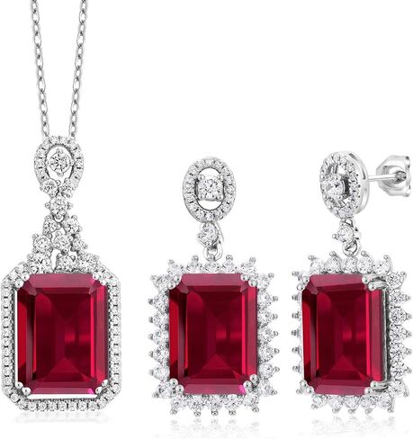 Gem Stone King Bundle of 925 Sterling Silver Red Created Ruby Pendant and Earrings Set For Women (14X10MM with 18 Inch Silver Chain) in Saudi Arabia