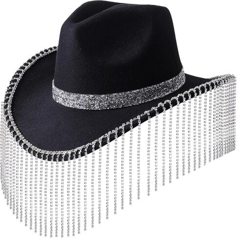 قبعة لانزوم النسائية من حجر الراين لراعية البقر اللامعة اللامعة ذات شراشيب ألماسية لحفلات الهالوين in Kuwait