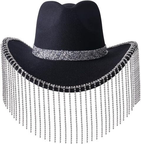 قبعة لانزوم النسائية من حجر الراين لراعية البقر اللامعة اللامعة ذات شراشيب ألماسية لحفلات الهالوين in Kuwait