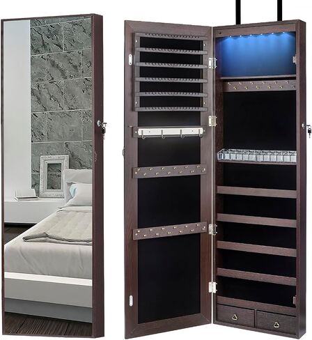47" H Jewelry Armoire Full Length Mirror Cabinet Storage Organizer w/LED Light Wall-Mounted/Door-Hanging Lockable for Bedroom Makeups Brown in Saudi Arabia