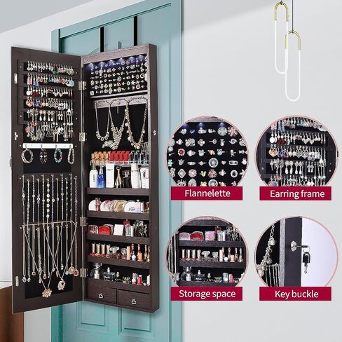 47" H Jewelry Armoire Full Length Mirror Cabinet Storage Organizer w/LED Light Wall-Mounted/Door-Hanging Lockable for Bedroom Makeups Brown in Saudi Arabia