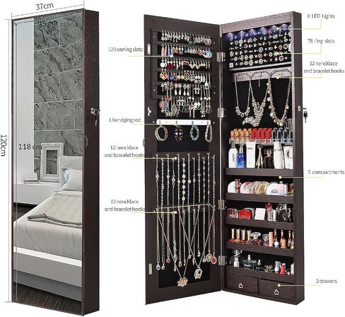 47" H Jewelry Armoire Full Length Mirror Cabinet Storage Organizer w/LED Light Wall-Mounted/Door-Hanging Lockable for Bedroom Makeups Brown in Saudi Arabia