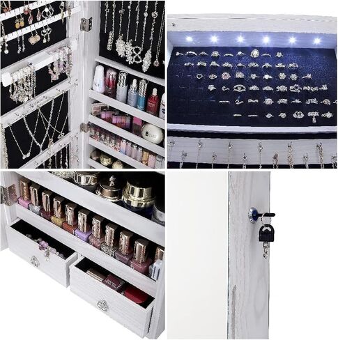 47" H Jewelry Armoire Full Length Mirror Cabinet Storage Organizer w/LED Light Wall-Mounted/Door-Hanging Lockable for Bedroom Makeups Brown in Saudi Arabia
