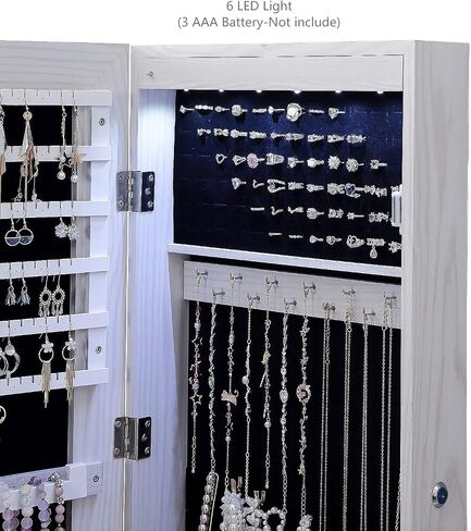47" H Jewelry Armoire Full Length Mirror Cabinet Storage Organizer w/LED Light Wall-Mounted/Door-Hanging Lockable for Bedroom Makeups Brown in Saudi Arabia