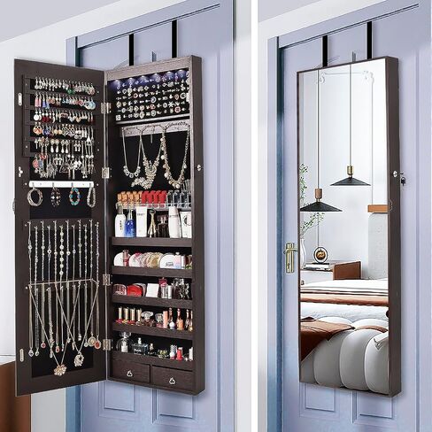 47" H Jewelry Armoire Full Length Mirror Cabinet Storage Organizer w/LED Light Wall-Mounted/Door-Hanging Lockable for Bedroom Makeups Brown in Saudi Arabia