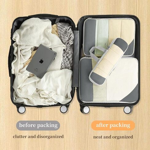 مكعبات تعبئة مضغوطة للسفر، 8 مجموعات من حقائب تنظيم السفر، أكياس مكعبات ضغط، حقيبة تنظيم التعبئة، حقائب تنظيم الأمتعة مع حقيبة أدوات الزينة وحقيبة الأحذية، أساسيات السفر باللون البيج in Kuwait