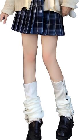 جي كيه - او جوارب لوليتا اليابانية بتصميم فقاعة فضفاضة لتدفئة الساقين وازرار متدلية، جوارب طويلة للبنات في المدرسة جيه كيه كوسبلاي بلون ابيض، مقاس M in Kuwait