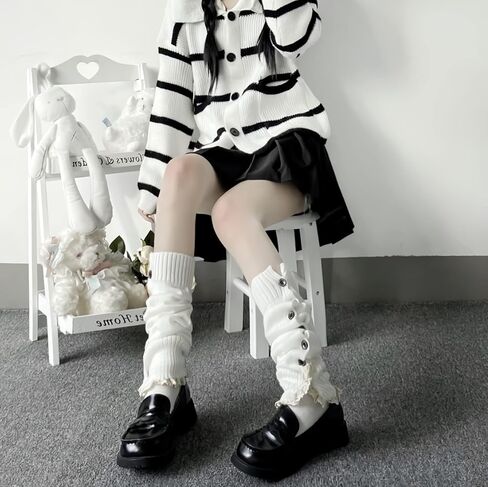 جي كيه - او جوارب لوليتا اليابانية بتصميم فقاعة فضفاضة لتدفئة الساقين وازرار متدلية، جوارب طويلة للبنات في المدرسة جيه كيه كوسبلاي بلون ابيض، مقاس M in Kuwait