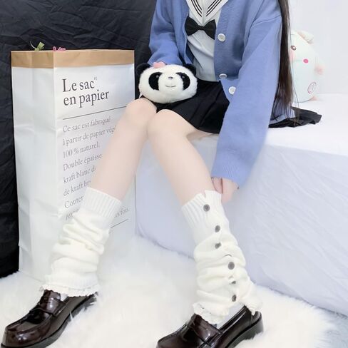 جي كيه - او جوارب لوليتا اليابانية بتصميم فقاعة فضفاضة لتدفئة الساقين وازرار متدلية، جوارب طويلة للبنات في المدرسة جيه كيه كوسبلاي بلون ابيض، مقاس M in Kuwait