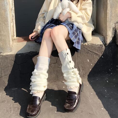 جي كيه - او جوارب لوليتا اليابانية بتصميم فقاعة فضفاضة لتدفئة الساقين وازرار متدلية، جوارب طويلة للبنات في المدرسة جيه كيه كوسبلاي بلون ابيض، مقاس M in Kuwait