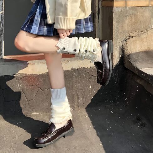 جي كيه - او جوارب لوليتا اليابانية بتصميم فقاعة فضفاضة لتدفئة الساقين وازرار متدلية، جوارب طويلة للبنات في المدرسة جيه كيه كوسبلاي بلون ابيض، مقاس M in Kuwait