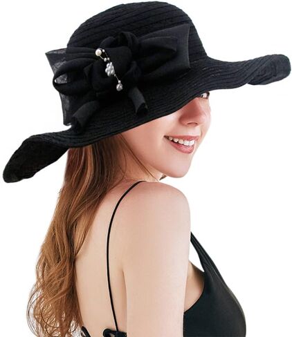 Haoohu Women's Church Derby Hat Wide Brim Straw Bucket Hat Wedding Dress Hat Fascinator Bridal Beach Sun Protective Hat in Saudi Arabia