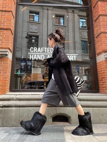 Eosxrp فروي فو فراء الأحذية النسائية أحذية الشتاء امرأة رقيق حذاء الثلج عالي الرقبة دافئ منتصف العجل مريحة في الهواء الطلق شقة in Kuwait