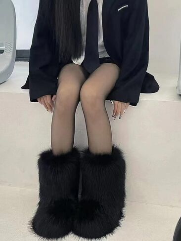 Eosxrp فروي فو فراء الأحذية النسائية أحذية الشتاء امرأة رقيق حذاء الثلج عالي الرقبة دافئ منتصف العجل مريحة في الهواء الطلق شقة in Kuwait