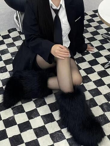 Eosxrp فروي فو فراء الأحذية النسائية أحذية الشتاء امرأة رقيق حذاء الثلج عالي الرقبة دافئ منتصف العجل مريحة في الهواء الطلق شقة in Kuwait