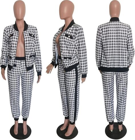 المرأة مثير 2 قطعة Houndstooth طباعة السترة السراويل دعوى مجموعة ملهى ليلي رياضية الزي مجموعة in Kuwait
