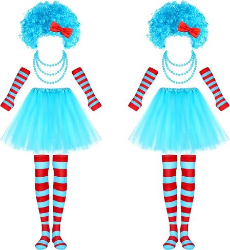 XunYee 10 Pcs Blue Costume Accessories Set With Tutus Skirts Wig Thigh High Striped Socks Arm Warmers Bead Necklace in Saudi Arabia