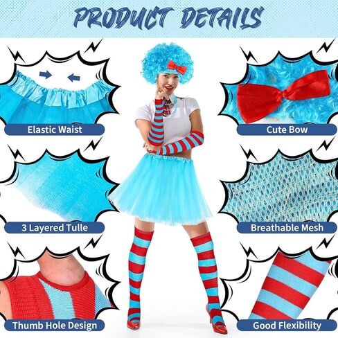 XunYee 10 Pcs Blue Costume Accessories Set With Tutus Skirts Wig Thigh High Striped Socks Arm Warmers Bead Necklace in Saudi Arabia