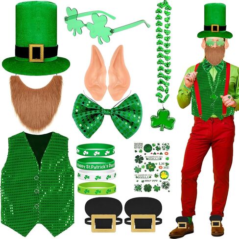 13 قطعة من زي عيد القديس باتريك، قبعة القديس باتريك ليبرشاون، زي الجني مع اللحية والترتر وربطة عنق على شكل فيونكة وأذن الجني وقلادة وأساور وشم مؤقت للنساء والرجال in Kuwait