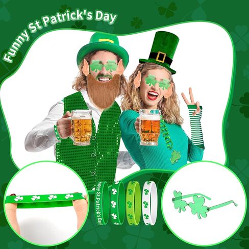 13 قطعة من زي عيد القديس باتريك، قبعة القديس باتريك ليبرشاون، زي الجني مع اللحية والترتر وربطة عنق على شكل فيونكة وأذن الجني وقلادة وأساور وشم مؤقت للنساء والرجال in Kuwait