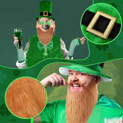 13 قطعة من زي عيد القديس باتريك، قبعة القديس باتريك ليبرشاون، زي الجني مع اللحية والترتر وربطة عنق على شكل فيونكة وأذن الجني وقلادة وأساور وشم مؤقت للنساء والرجال in Kuwait