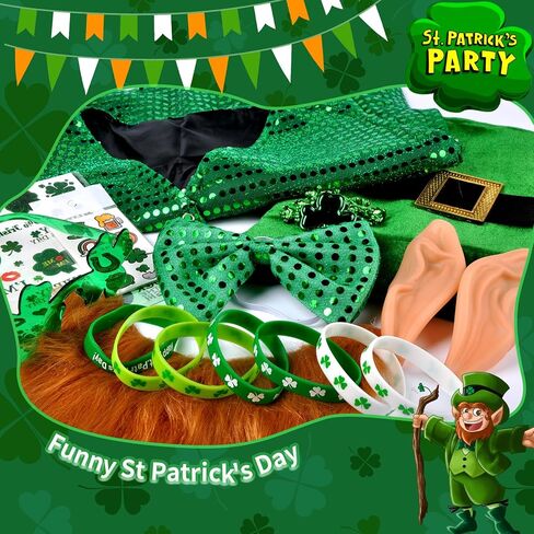 13 قطعة من زي عيد القديس باتريك، قبعة القديس باتريك ليبرشاون، زي الجني مع اللحية والترتر وربطة عنق على شكل فيونكة وأذن الجني وقلادة وأساور وشم مؤقت للنساء والرجال in Kuwait