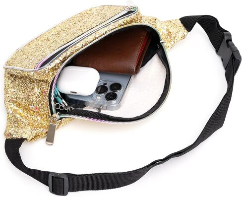 Holographic Rave Gold Gravel Glitter Fanny Pack For Women Grils Festival Waist Belt Bags -Gold Gravel in Kuwait