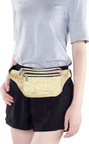 Holographic Rave Gold Gravel Glitter Fanny Pack For Women Grils Festival Waist Belt Bags -Gold Gravel in Kuwait