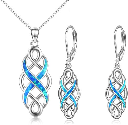 YFN Irish Celtic Knot Created Opal Pendant Necklace Earrings Jewelry Set Infinity Love Sterling Silver CZ Jewelry 18" in Saudi Arabia