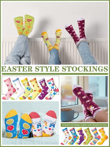 60 Pairs Easter Women Casual Crew Socks Hot Socks Easter Bunny Mid Calf Length Hosiery Animal Series Festive Gift Easter Socks for Ladies Teens, Multicolor in Kuwait