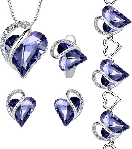 قلادة على شكل قلب من Leafael Infinity Love وأقراط وسوار وخاتم، مجوهرات كريستال جوهرة ميلاد فبراير، هدايا فضية اللون للنساء، أرجواني تنزانيت in Saudi Arabia