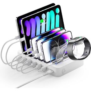 محطة شحن USB سريعة من Unitek - قاعدة شحن USB C ذات 6 منافذ مع 2 PD 20 وات، منظم محطة شحن متعددة الأجهزة لأجهزة iPad وiPhone وiWatch وSamsung والأجهزة اللوحية والمزيد