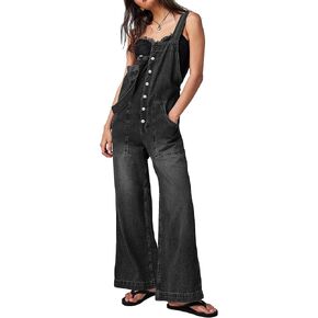 PLNOTME Women's Casual Denim Overalls Loose Button Up Adjustable Strap Baggy Wide Leg Jeans Overall Jumpsuits with Pocket
