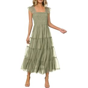 PRETTYGARDEN Women's 2024 Summer Midi Dress Casual Sleeveless Smocked Ruffle Tulle Flowy Beach Sundress