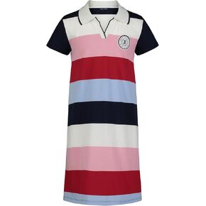 Tommy Hilfiger Girls' Short Sleeve Polo Dress, Navy Monogram Stripe, 5