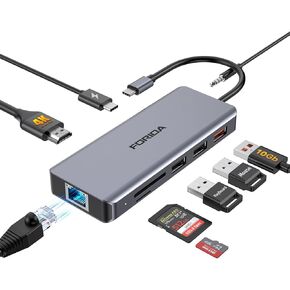 FORIDA USB C Hub, 9-in-1 MultiPort Adapter for MacBook,USB C Docking Station with 4K HDMI, 1 USB 3.2 10Gbps, 2 USB 2.0, 100W PD, SD/TF, 100M Network, 3.5mm Audio for Dell, HP and iPhone 15/15 PRO
